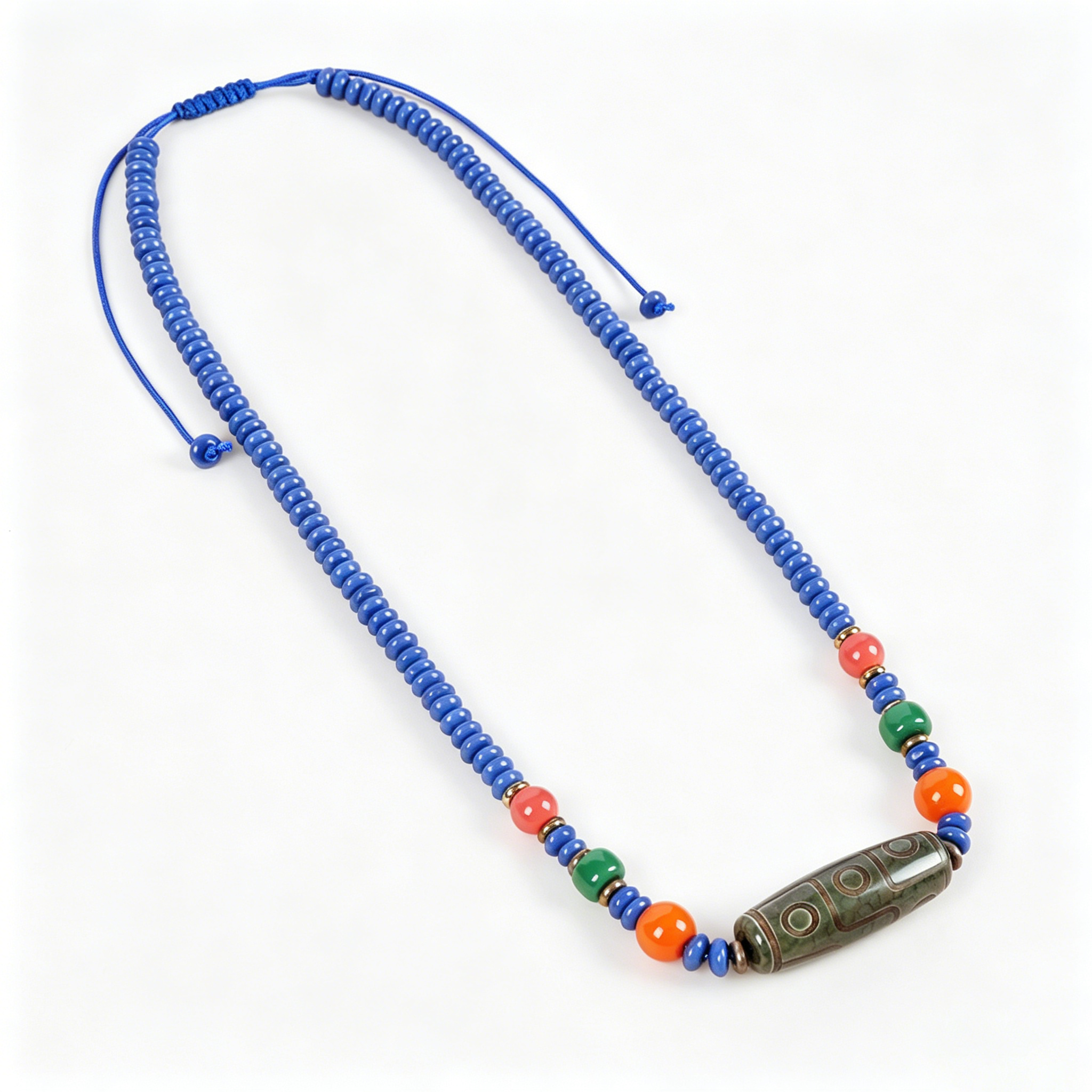 Old-Mine Dzi & Muted Blue Disc Necklace