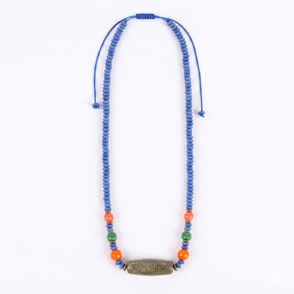 Old-Mine Dzi & Muted Blue Disc Necklace