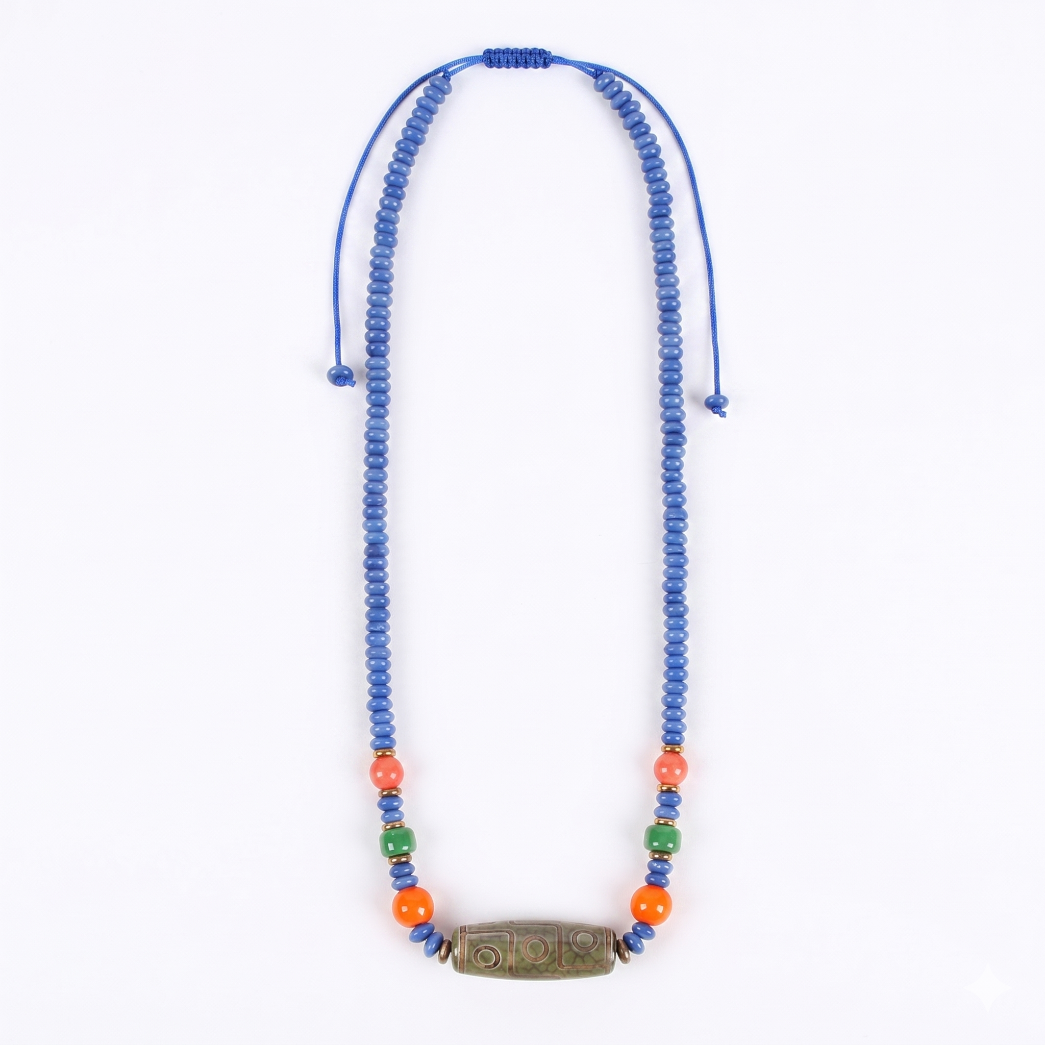 Old-Mine Dzi & Muted Blue Disc Necklace