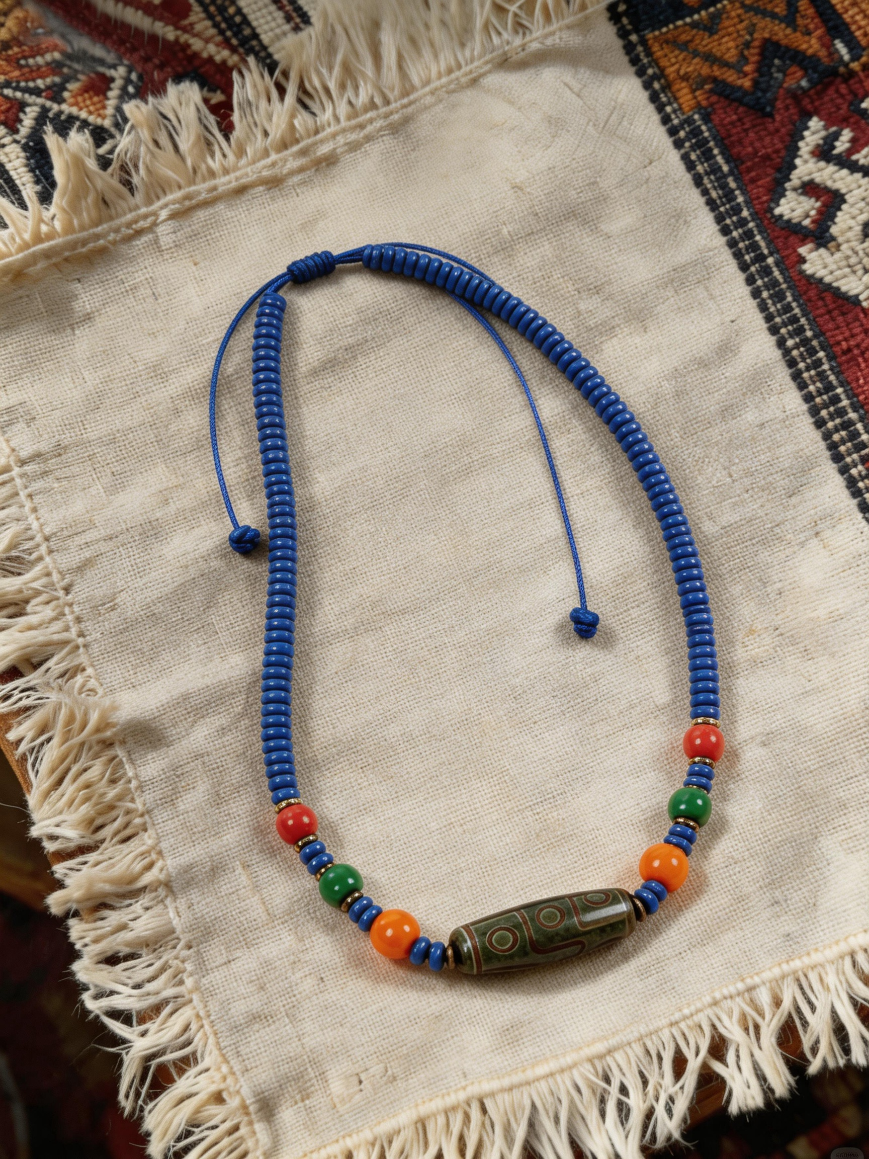 Old-Mine Dzi & Muted Blue Disc Necklace