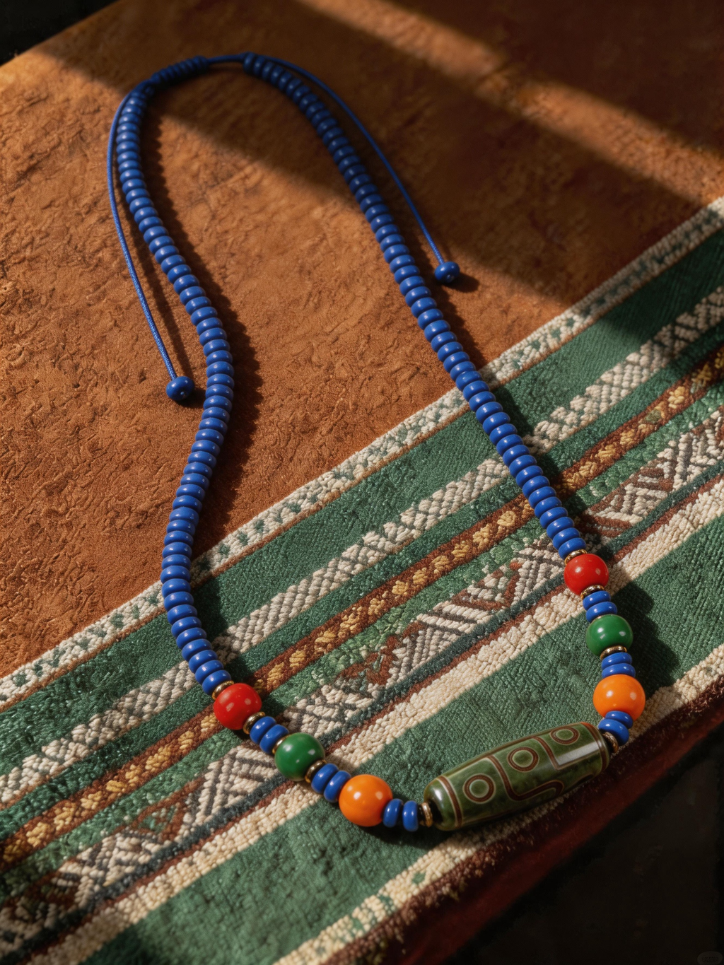 Old-Mine Dzi & Muted Blue Disc Necklace